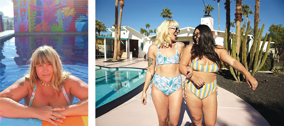 Night Dive Swim's founder Heather Caye Brown and 2 swimmies options made of REPREVE
