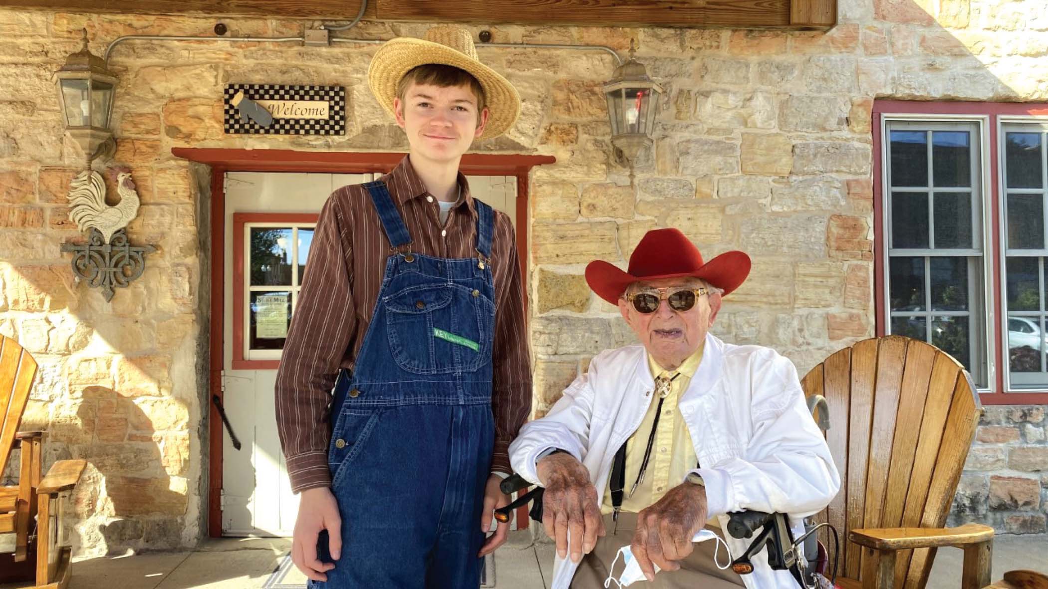 Aiden Lieb stands next to Bertram Boyum, who he portrayed in History Alive’s “Lanesboro: World War 2 and Beyond.