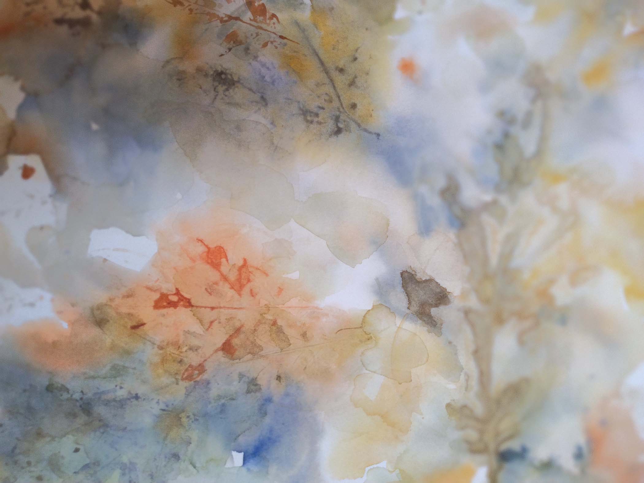 Abstract art piece by Mary Thompson of fall leaves